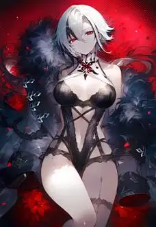 hanime 白发少女黑色蕾丝服装红色暗背景动漫插画